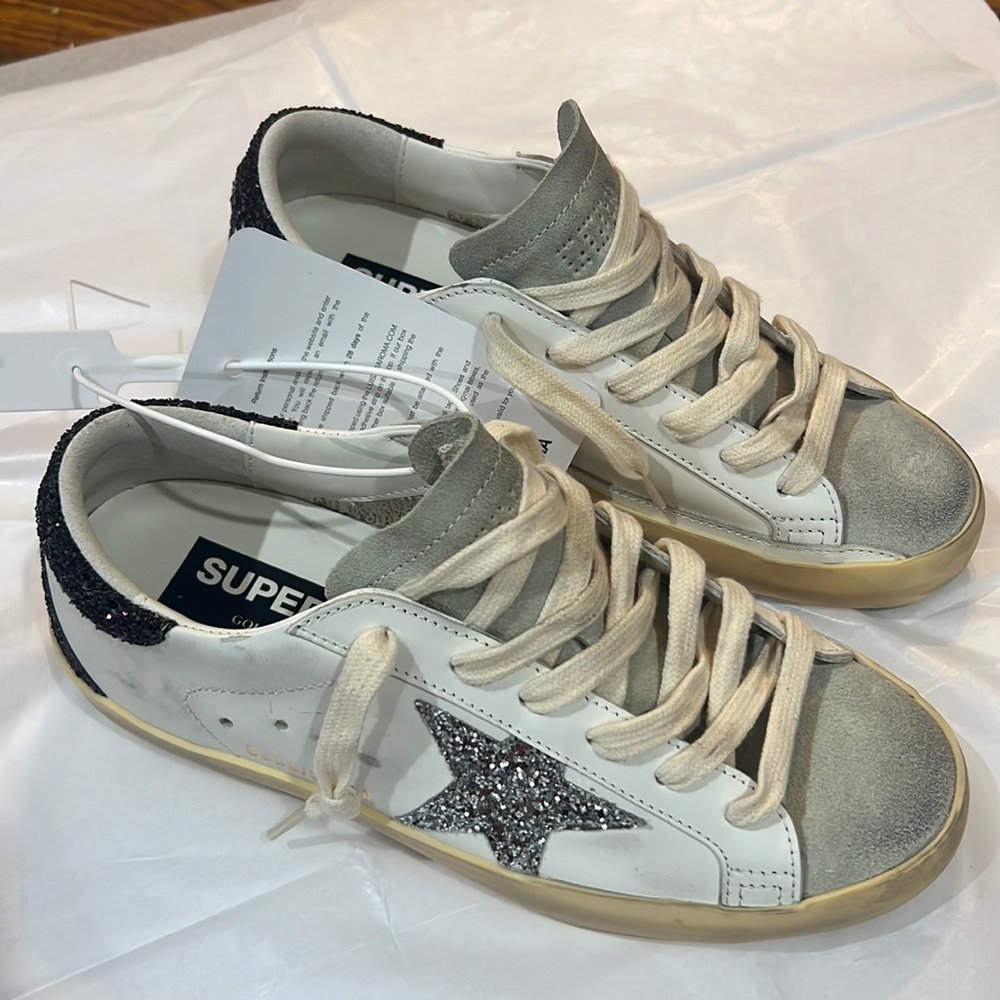 Golden Goose Sneakers Sparkly Silver Star with Brown Sparkly Tap